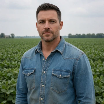Marcus, a 44-year-old Missouri man standing near a green soybean field
