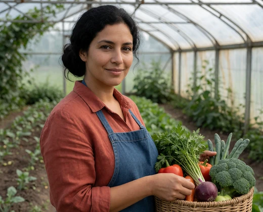 Rachel, a Jewish woman farmer holding vegetables at an organic farm