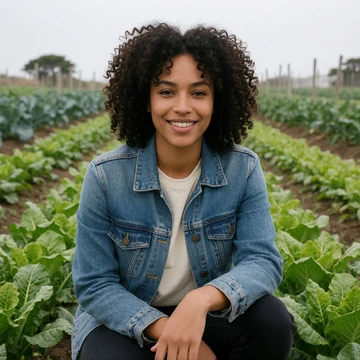 Priya, a 29-year-old woman with curly hair in a California organic vegetable field