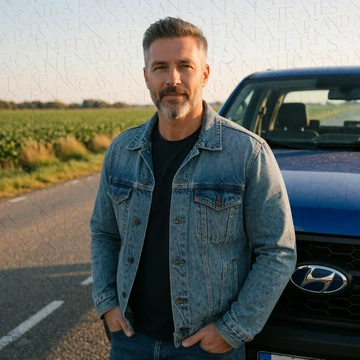 Dale, a 45-year-old bearded man in a denim jacket standing beside a pickup truck at golden hour