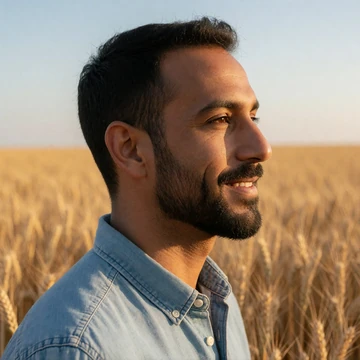 Yusuf, an adult man with a trimmed beard in a chambray shirt standing in a golden wheat field