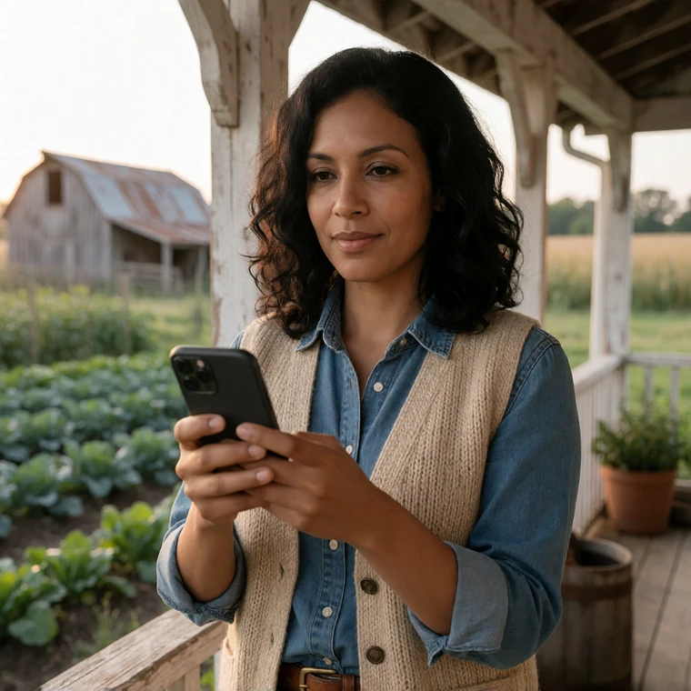 Adult woman checking her phone near a farmhouse using privacy controls for online dating safety tips