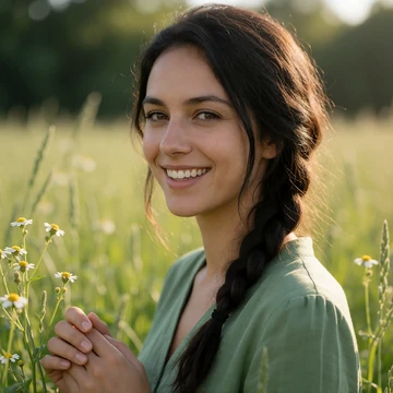 Abigail, a 28-year-old dark-haired woman smiling in a sunlit Indiana field