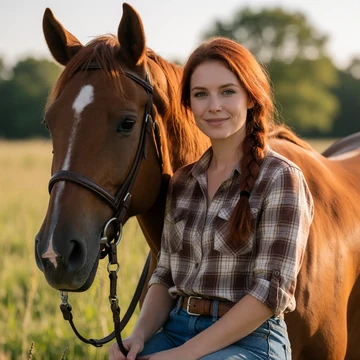 Dana, a 33-year-old Missouri woman smiling on horseback in a sunlit pasture