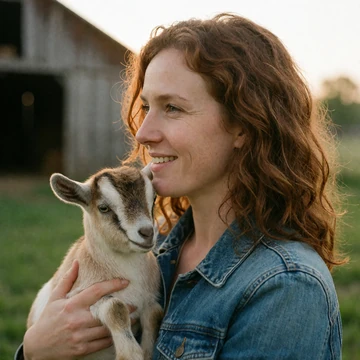 Hannah, a woman in her early 30s with auburn hair holding a baby goat on an Indiana farm