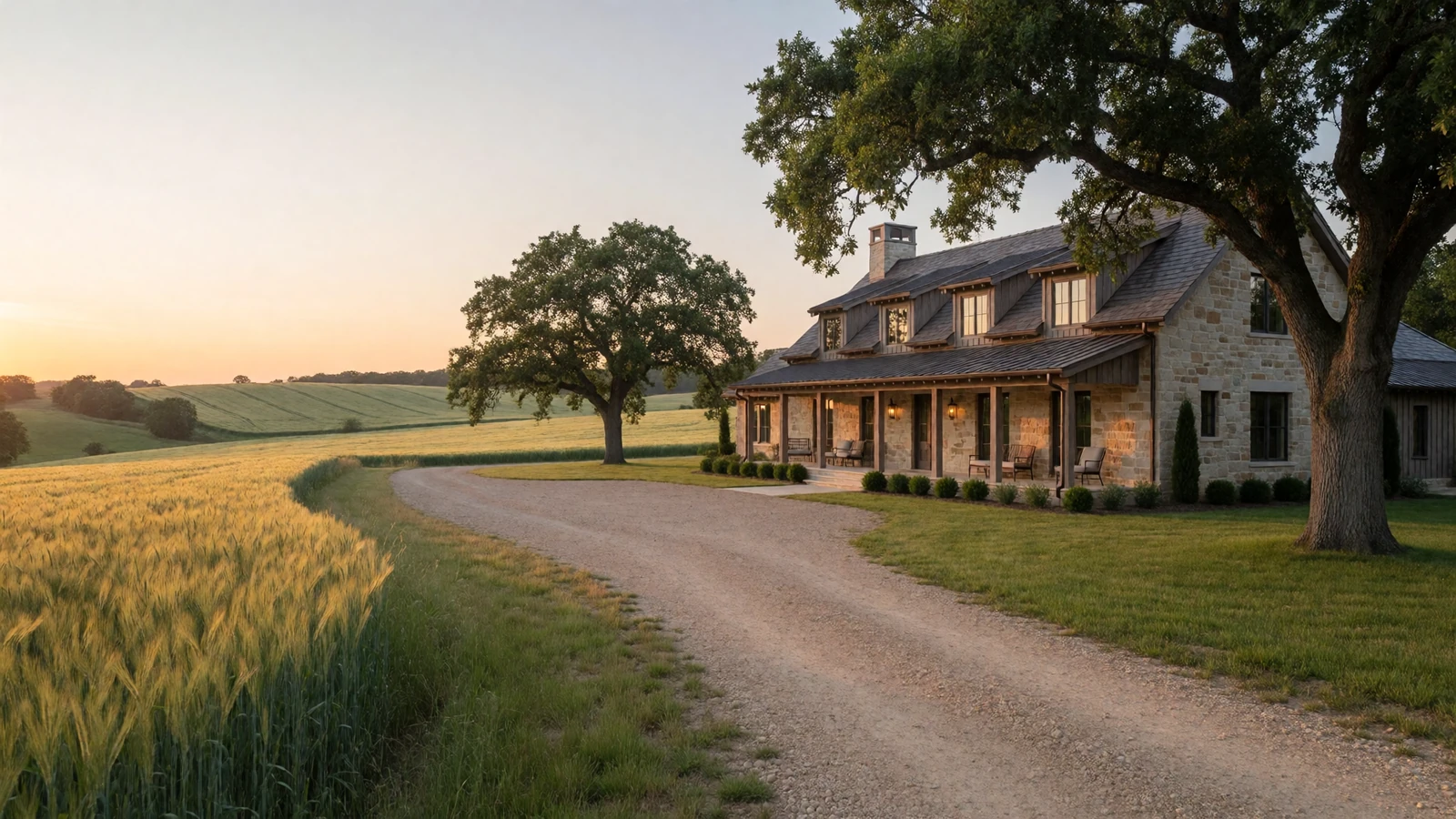 A large modern farmhouse estate surrounded by extensive farmland and oak trees at golden-hour sunset