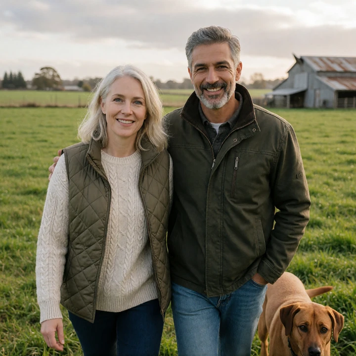 Ruth and Daniel walking with a dog in a pasture after meeting through farmers dating