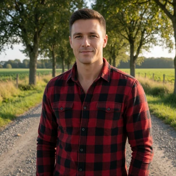 Cody, a 40-year-old man in a flannel shirt smiling on a gravel country road
