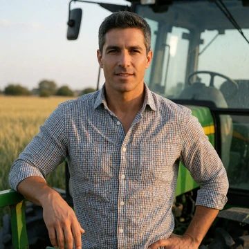Grant, a 45-year-old man with a confident smile standing near a green tractor in a field
