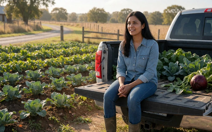 Woman farmer sitting on a pickup tailgate for a farmers dating video testimonial