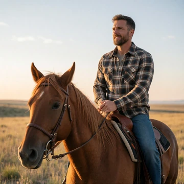 Wyatt, a 36-year-old Montana rancher riding a chestnut horse across open grassland