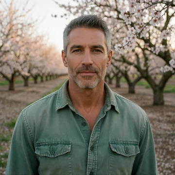 Marcus, a 45-year-old man with grey hair standing near a California almond orchard