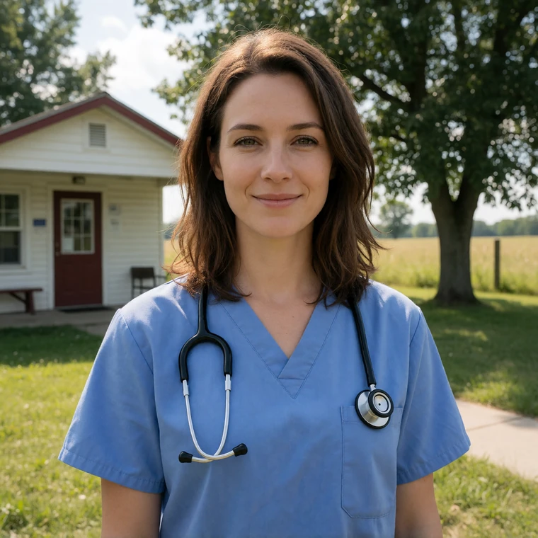 A 35-year-old woman in medical scrubs with a stethoscope standing outside a small rural clinic in warm daylight