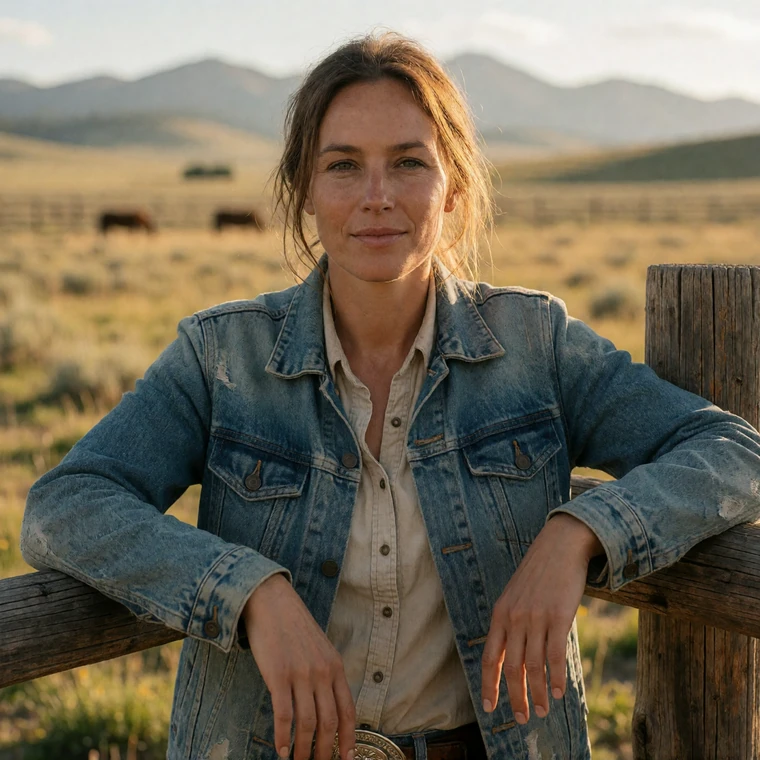 A Montana woman rancher in her 40s wearing a denim jacket smiling against a wooden fence on her ranch
