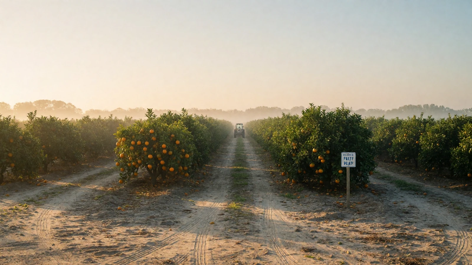 Sunrise over a Florida citrus grove with farm rows and a distant tractor for Florida farmers dating