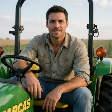 Marcus, a 31-year-old Kansas man sitting on a tractor in a grain field on his family farm