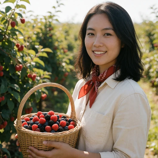 Lina, a 28-year-old Asian-American woman holding a berry basket in a field