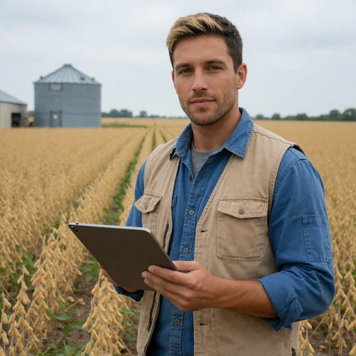 Caleb, a 29-year-old man holding a tablet beside soybean rows and grain bins