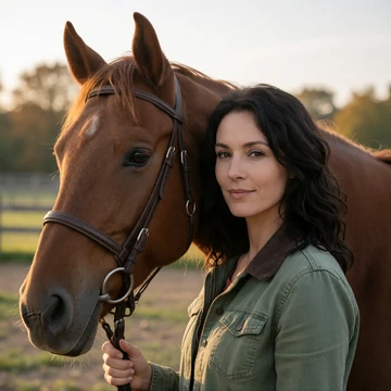 Nora, a 38-year-old Ohio woman in a green jacket standing beside a chestnut horse