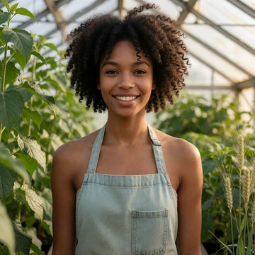 Tasha, a 29-year-old black woman with natural curly hair smiling inside a green greenhouse