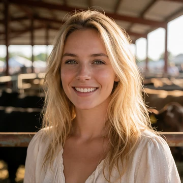 Brooke, a 26-year-old blonde woman smiling at an Iowa county fair with livestock pens behind her
