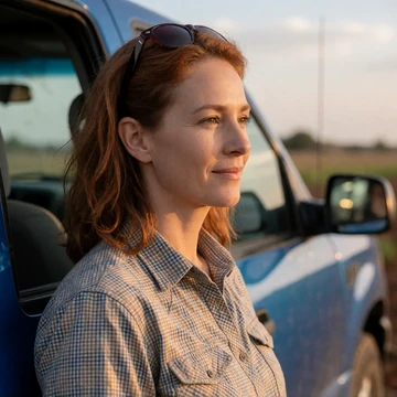 Deborah, a 42-year-old auburn-haired woman standing by a blue pickup truck on her Lubbock cattle ranch