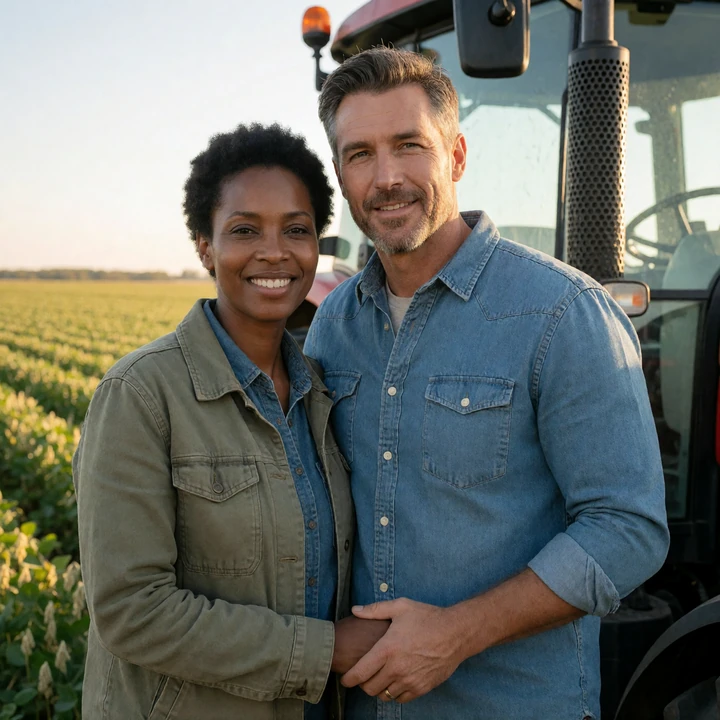 Angela and Travis standing by a tractor in a field as a rural farm couple success story