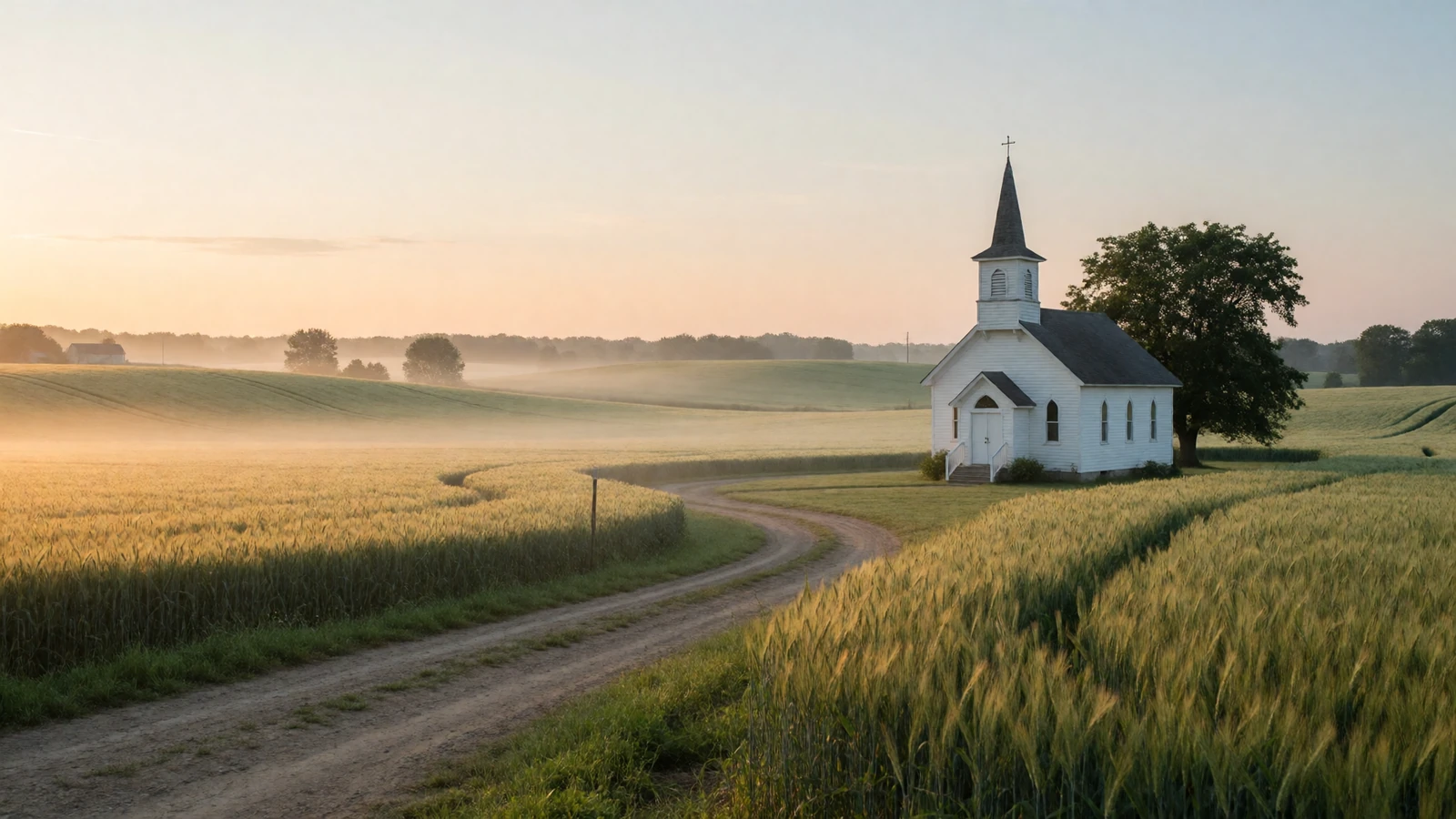 A small white country church surrounded by green farmland at sunrise, the peaceful setting for Christian farmers dating
