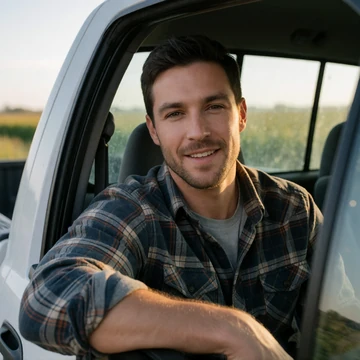 Marcus, a 31-year-old Illinois man smiling from the cab of his pickup truck near farmland