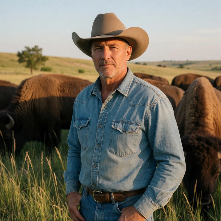 A Kansas man farmer in his 50s wearing a cowboy hat standing near a bison herd on the Flint Hills prairie