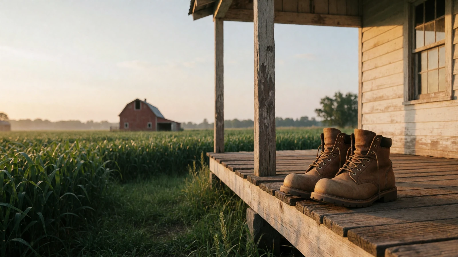 Worn work boots on a farmhouse porch overlooking open fields at sunrise, the quiet start to a day of dating a farmer