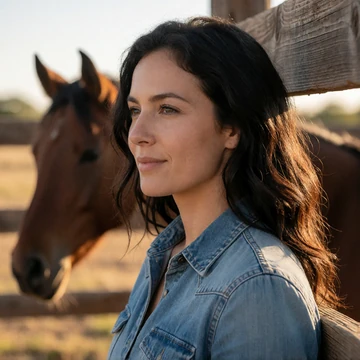 Marisol, a 35-year-old woman with dark hair smiling beside a wooden horse corral on her Texas ranch