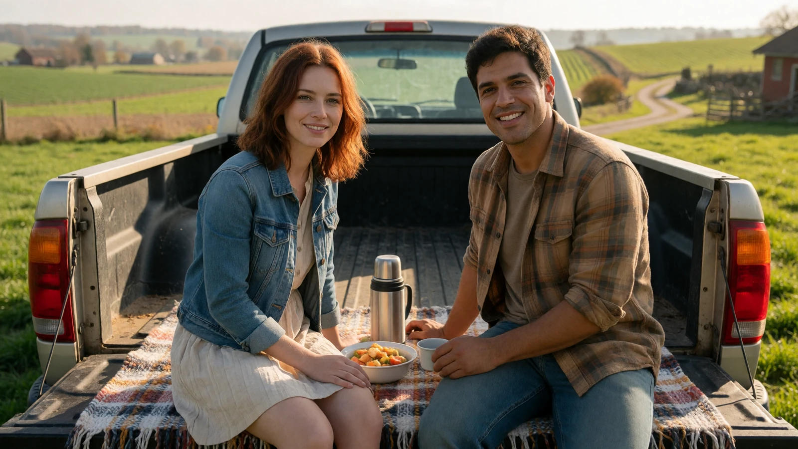 Adult farm couple sharing a tailgate picnic above a rural valley for country date ideas