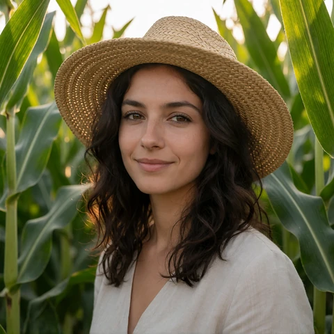 Rosa, a 29-year-old brunette woman in a straw sun hat standing among corn stalks on her California vegetable farm
