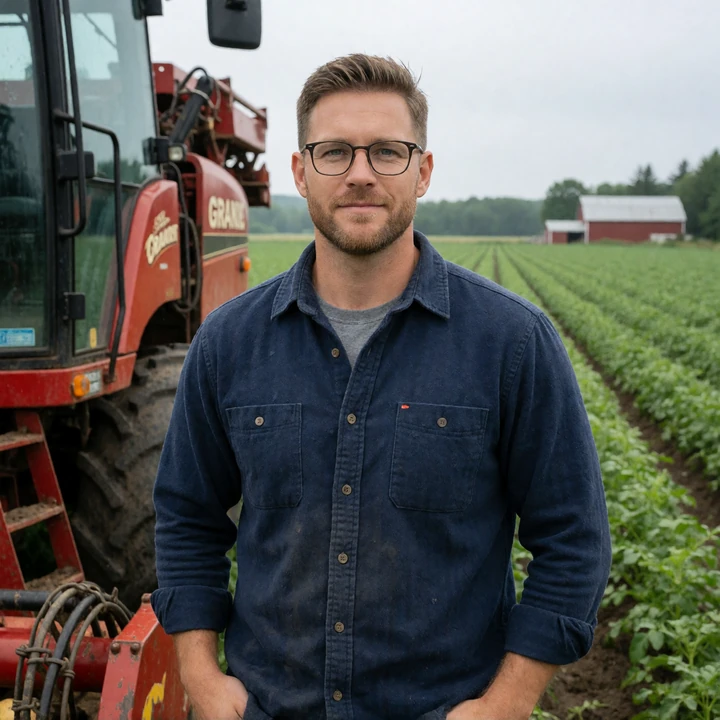Graham, a 45-year-old Maine potato farmer with glasses standing near a harvester