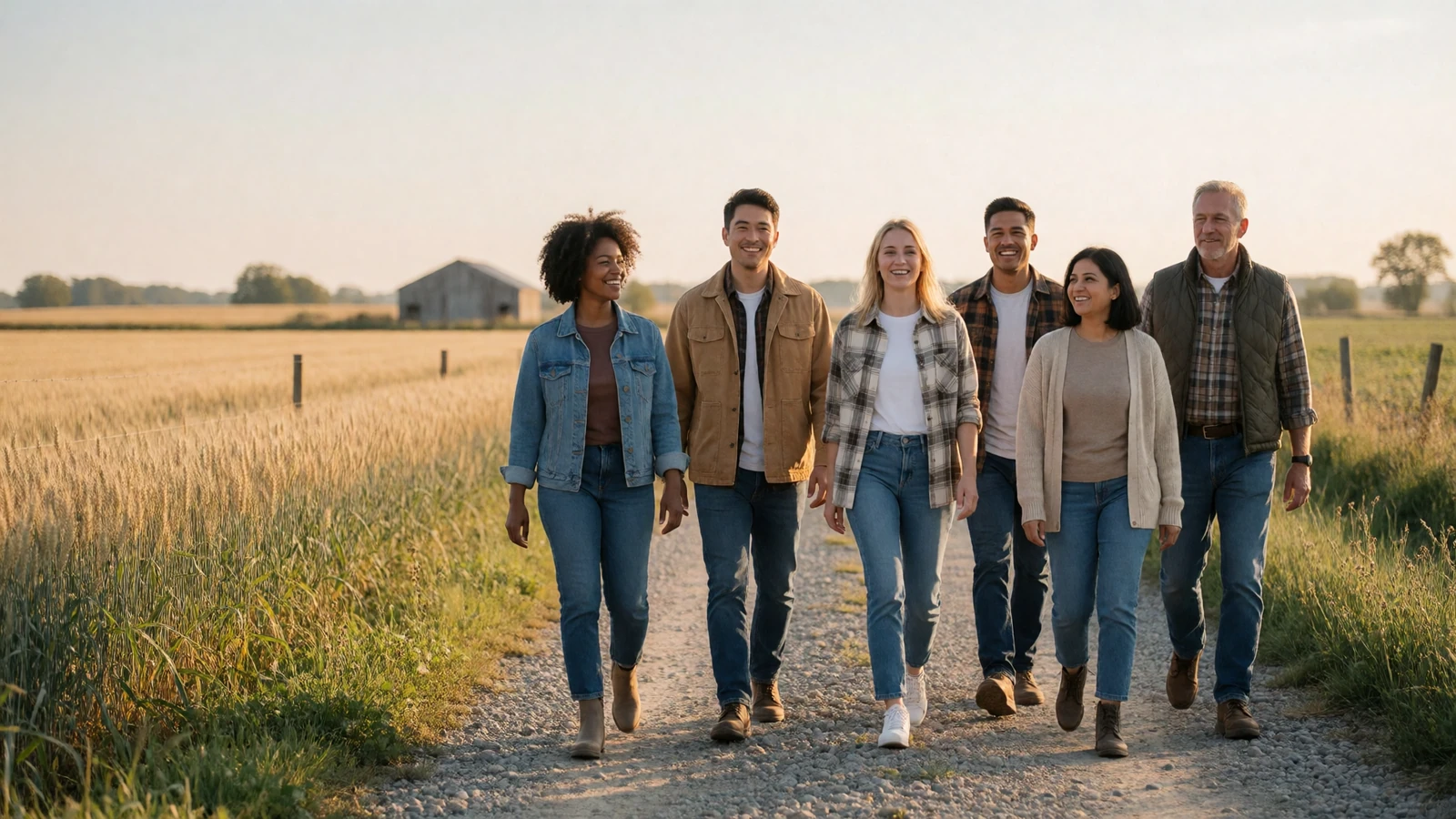 A diverse group of adult rural singles walking together down a country path at golden hour, representing niche farmers dating communities