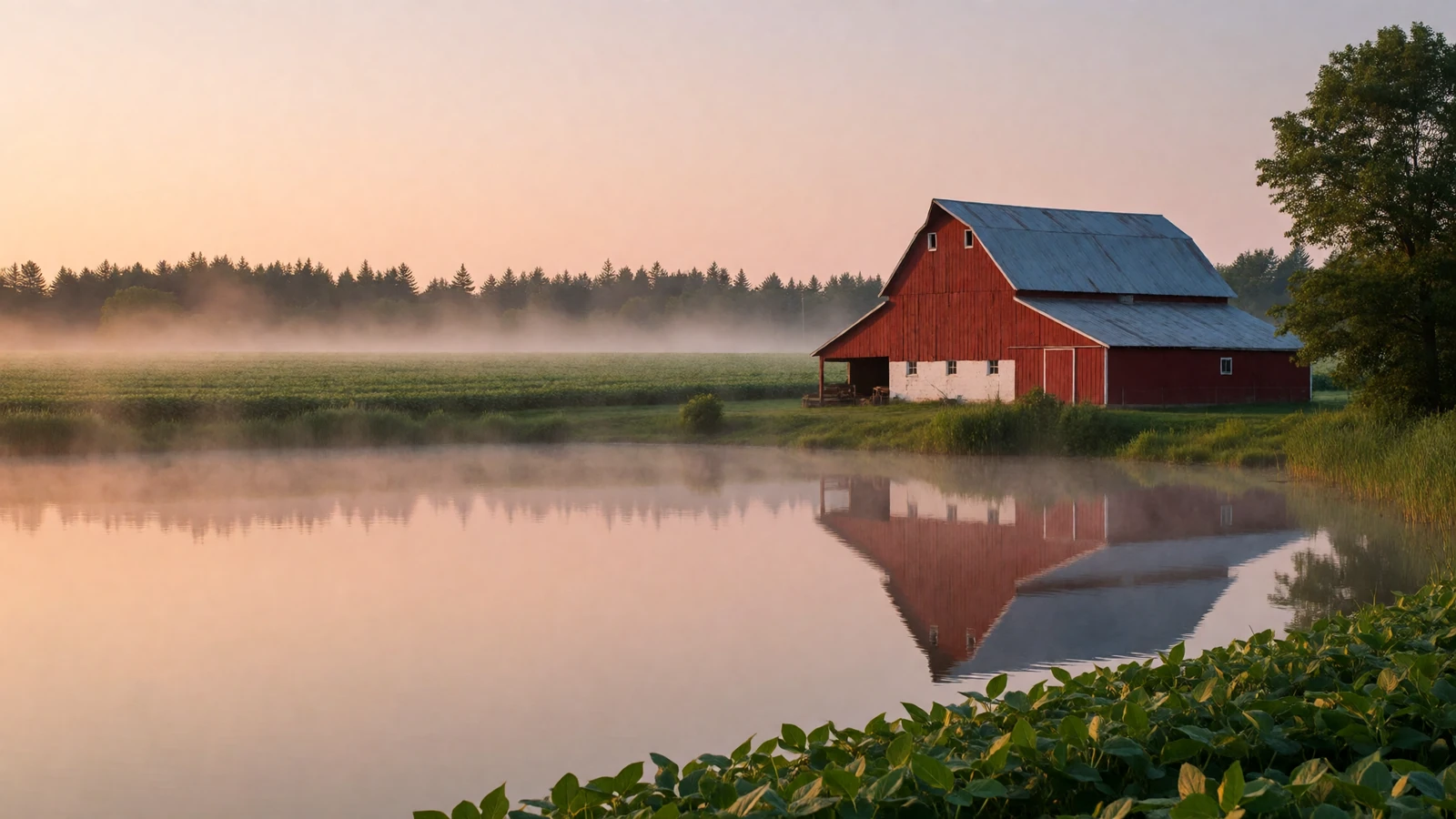 Red barn reflecting in a calm Minnesota lake at dawn with soybean fields where North Star State rural dating begins