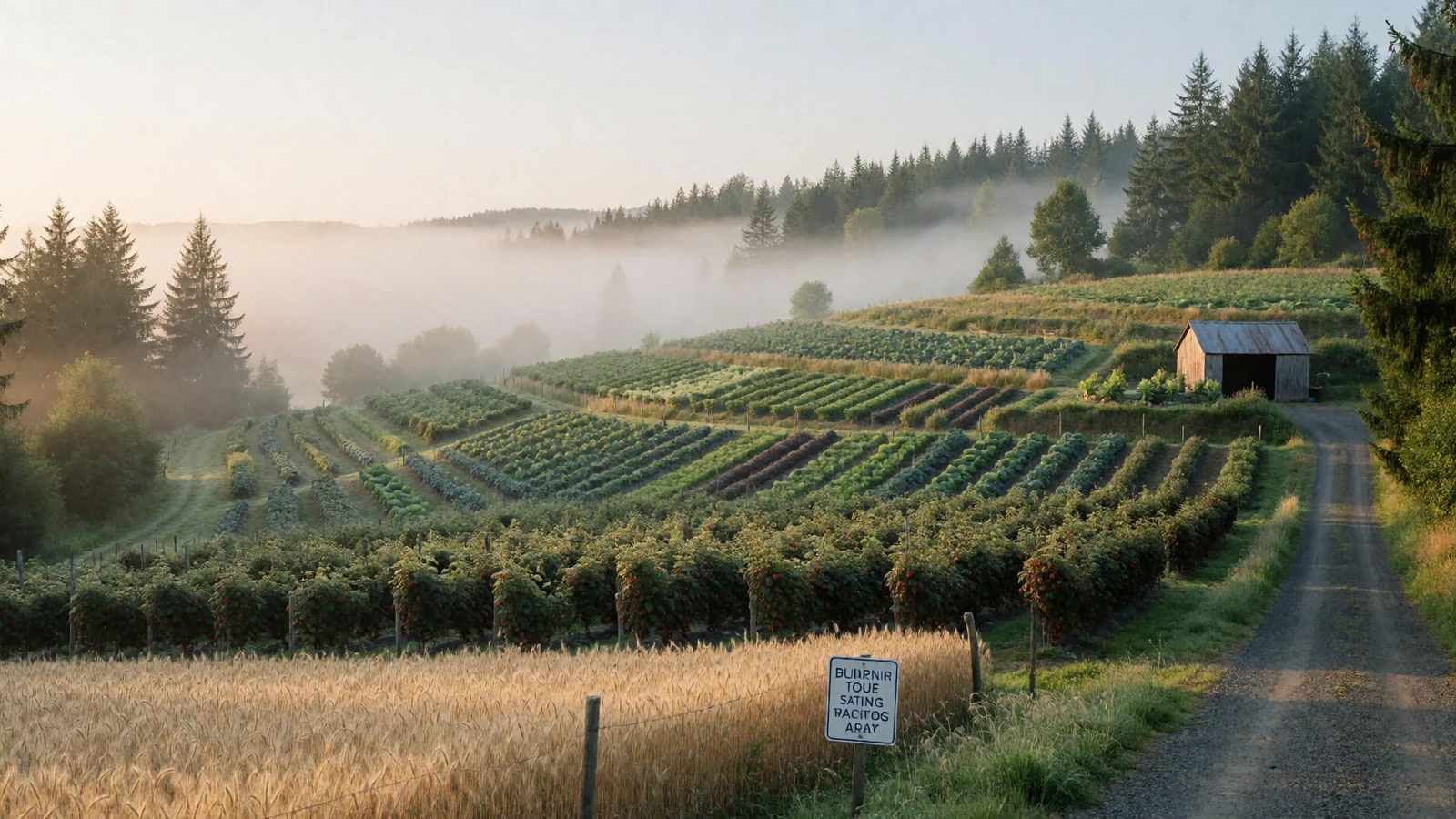 Terraced Pacific Northwest farm fields in morning fog for Asian farmers dating