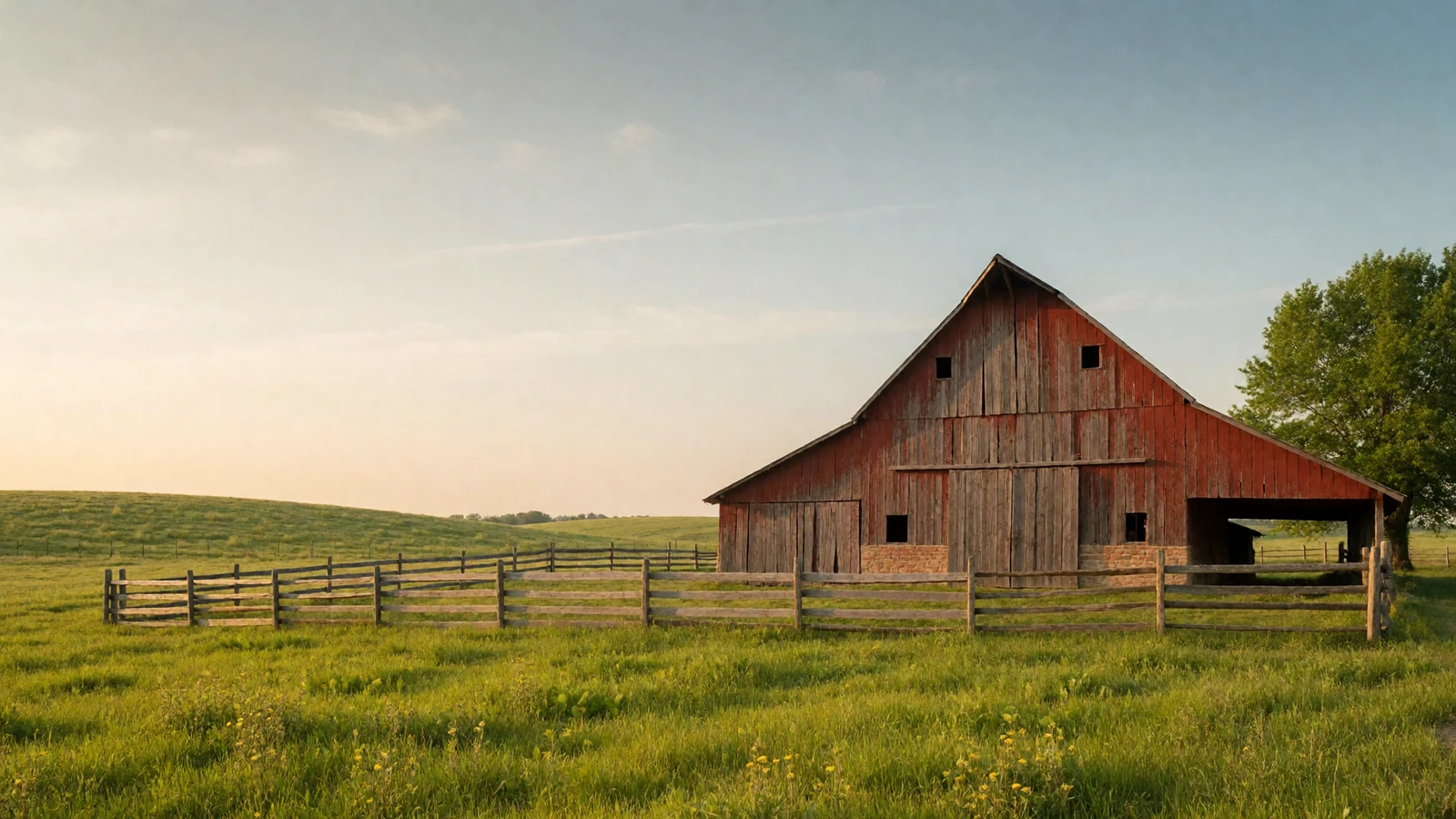 Weathered wooden barn in Ohio Amish country surrounded by green rolling pastures where Buckeye State rural dating begins