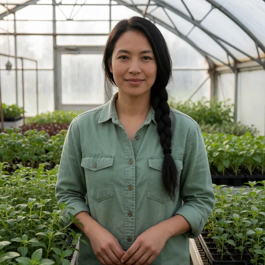 Anika, a 36-year-old Asian-American woman farmer standing in a greenhouse