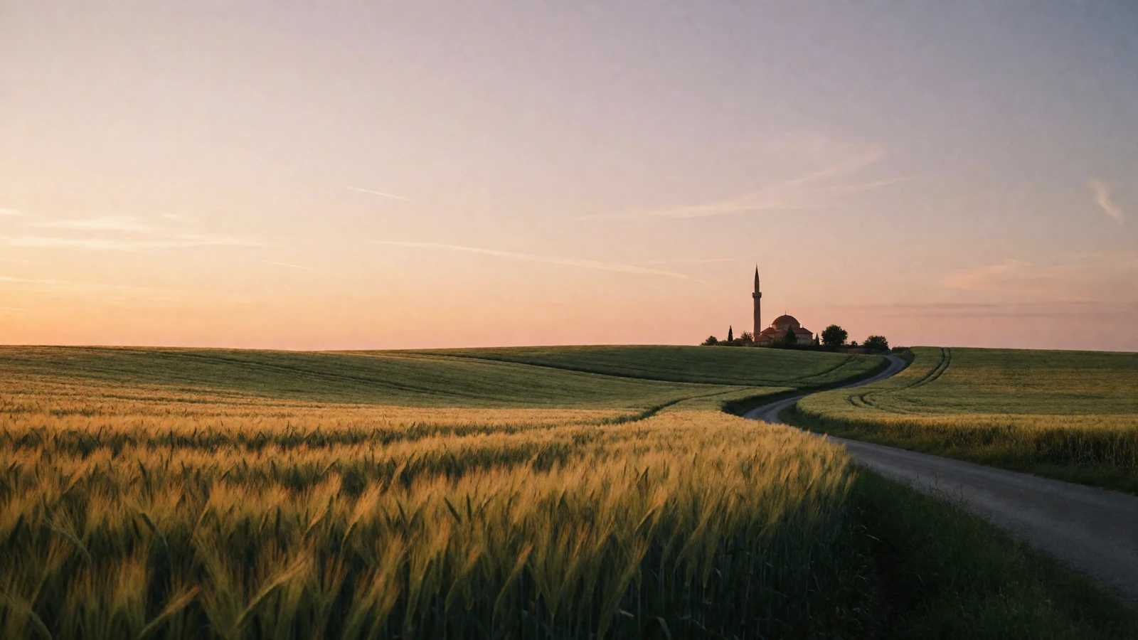 Peaceful rural farmland at dusk with a distant mosque silhouette, the welcoming setting for Muslim farmers dating
