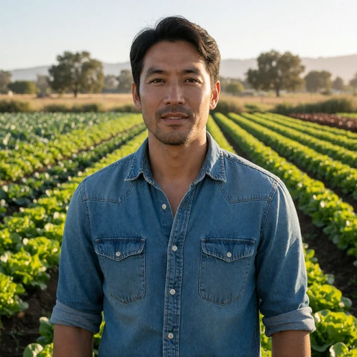 Kenji, a 44-year-old Asian-American man standing in a Salinas vegetable field